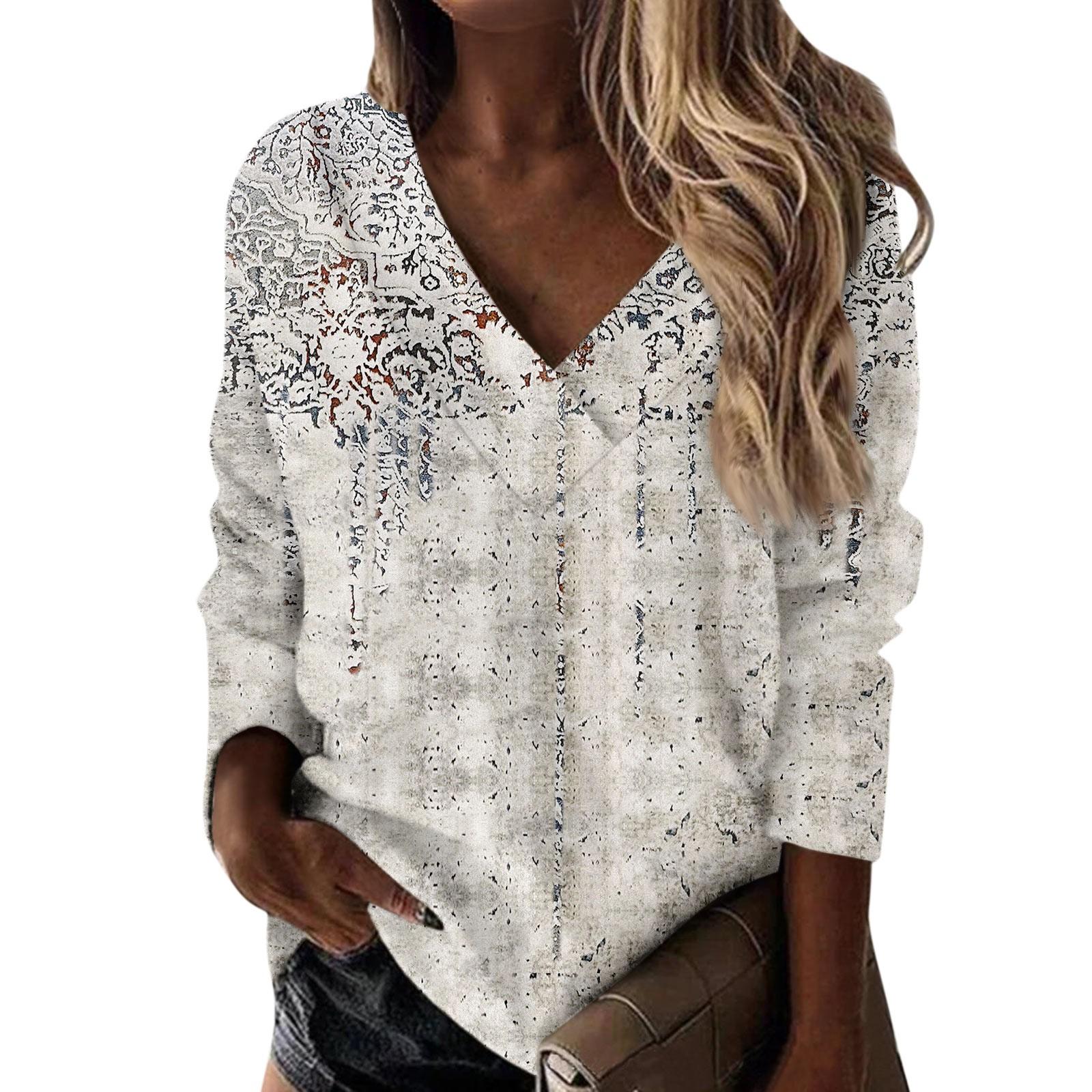 

Женская осенне-зимняя повседневная свободная футболка с v-образным вырезом и принтом, пуловер с длинными рукавами, топ L серый