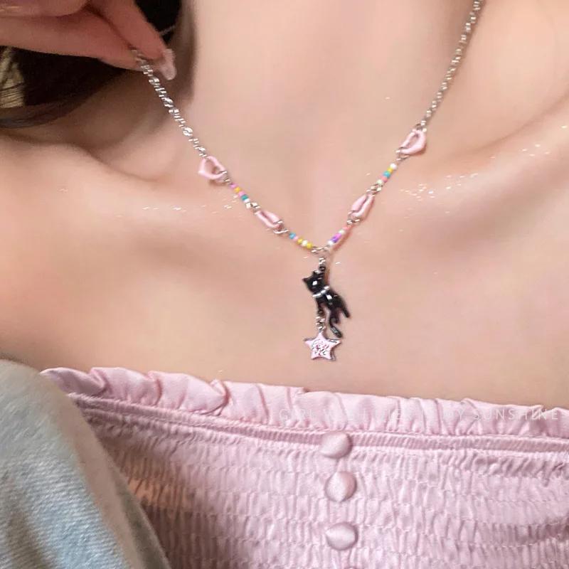 Pink Star Beaded Black Cat Pendant Necklace Y2k Cute Cool Ins Style Clavicle Chain Choker Fashion Jewelry Party Gifts
