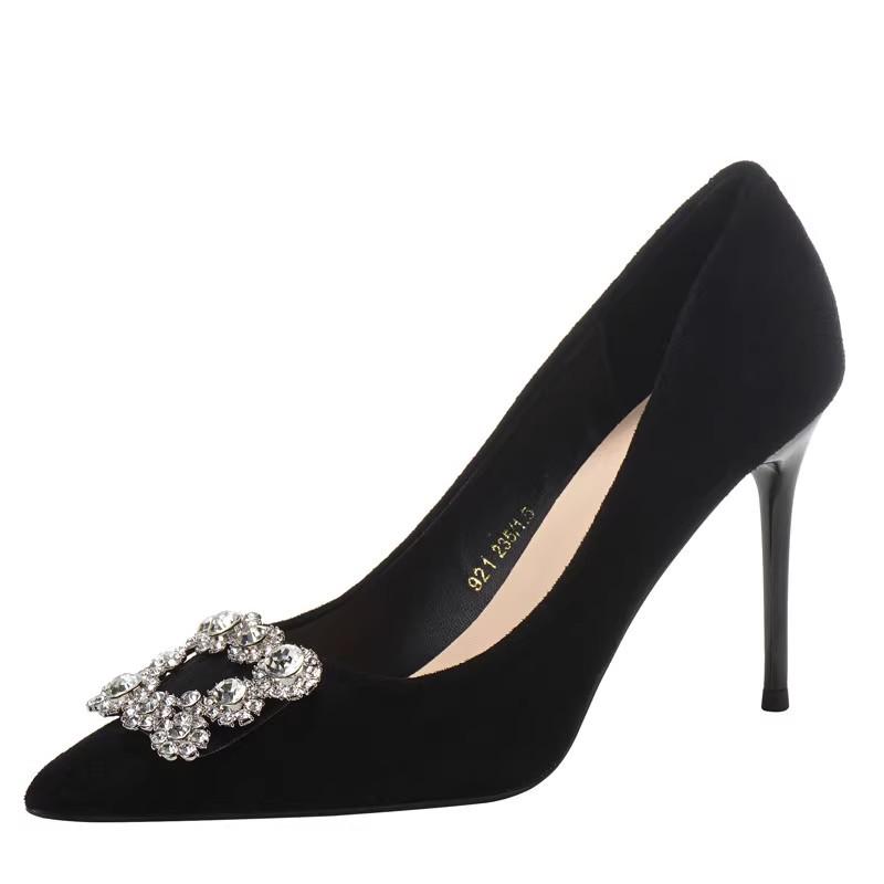 [Spot] Premium high heels women's 2025 new pointed RV square buckle rhinestone thin heel sexy single shoes