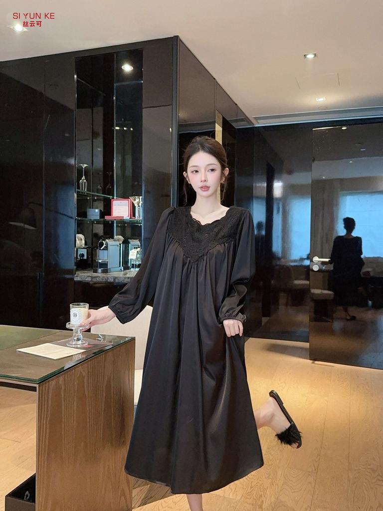 1011 new ice silk nightdress women's long-sleeved lace spring and autumn loungewear high-end light luxury style can be worn outside pajamas