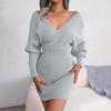 Women's Fashion Sexy Cross V Neck  Skirt With Hip Wrap Dress Wool Dress