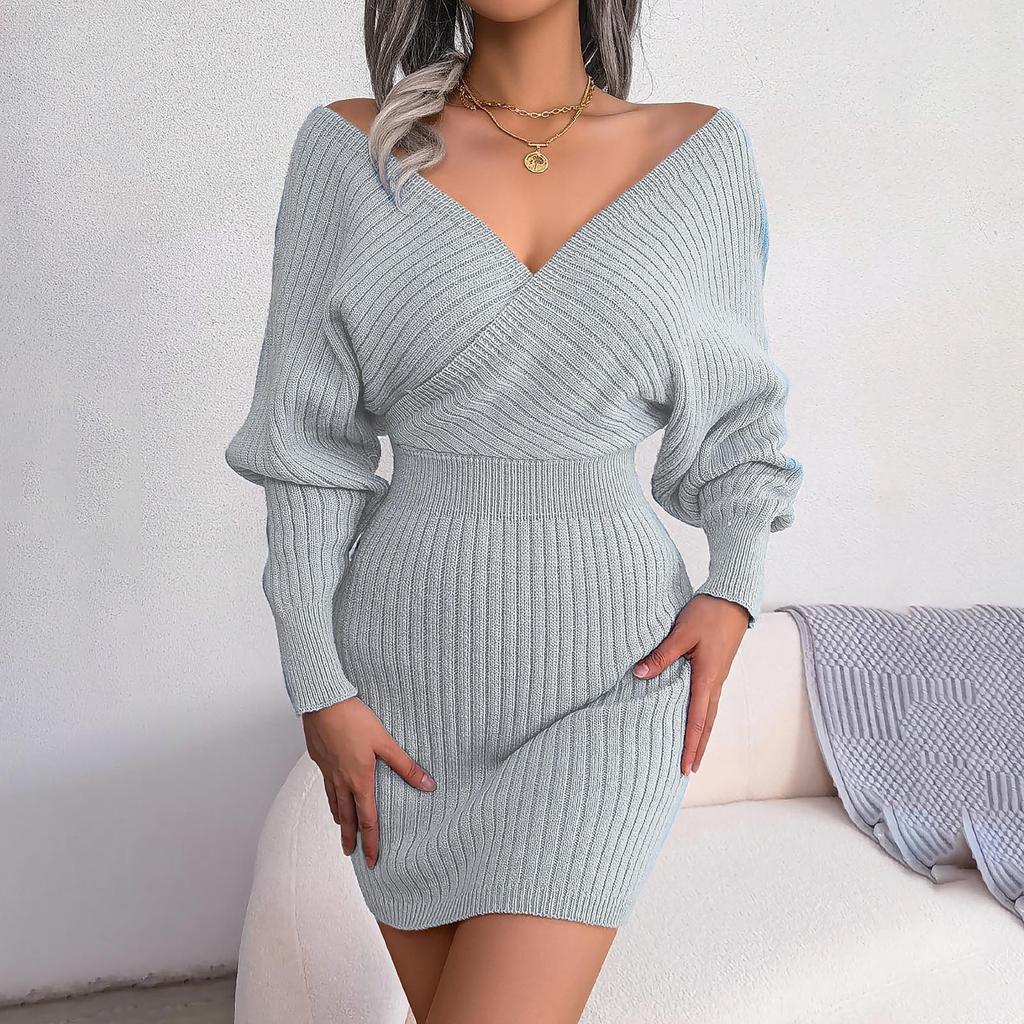 Women's Fashion Sexy Cross V Neck  Skirt With Hip Wrap Dress Wool Dress