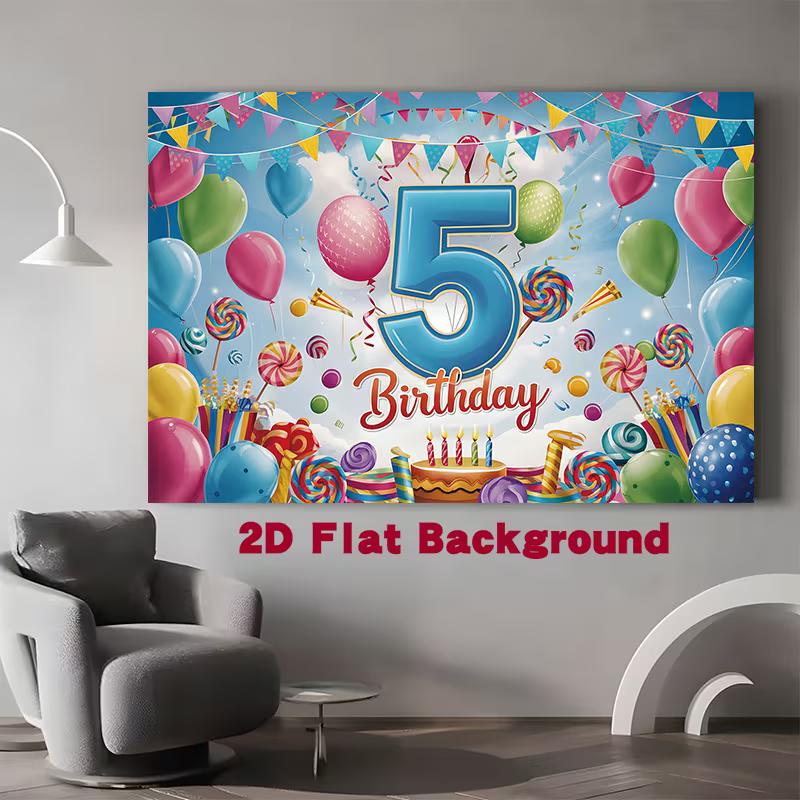 2D 5th Birthday Backdrop with Balloons Lollipop and Cake Kids Party Background
