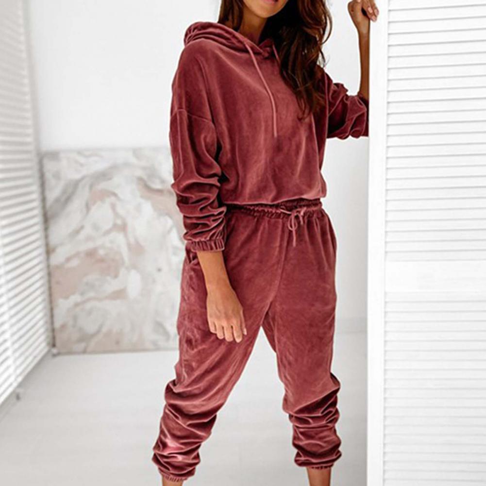 1 Set Sweatshirt Sweatpants Solid Color Elastic Cuff Autumn Winter Thick Warm Pullover Pants for Daily Wear
