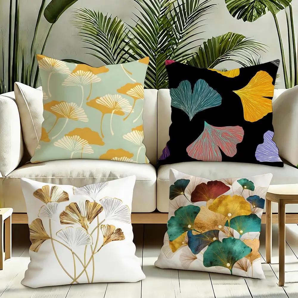 Ginkgo Leaves Printed Cushion Cover Reversible Plush Pillow Cover Soft Fluffy Home Decor for Sofa Bedroom