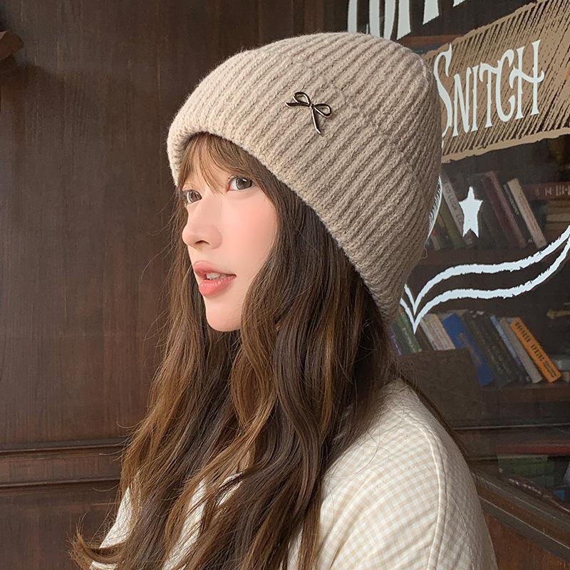 Korean Style Simple and Versatile Bow Knitted Hat Autumn and Winter Outdoor Warm and Cold Proof Woolen Hat Showing Face Small Baotou Cold Hat
