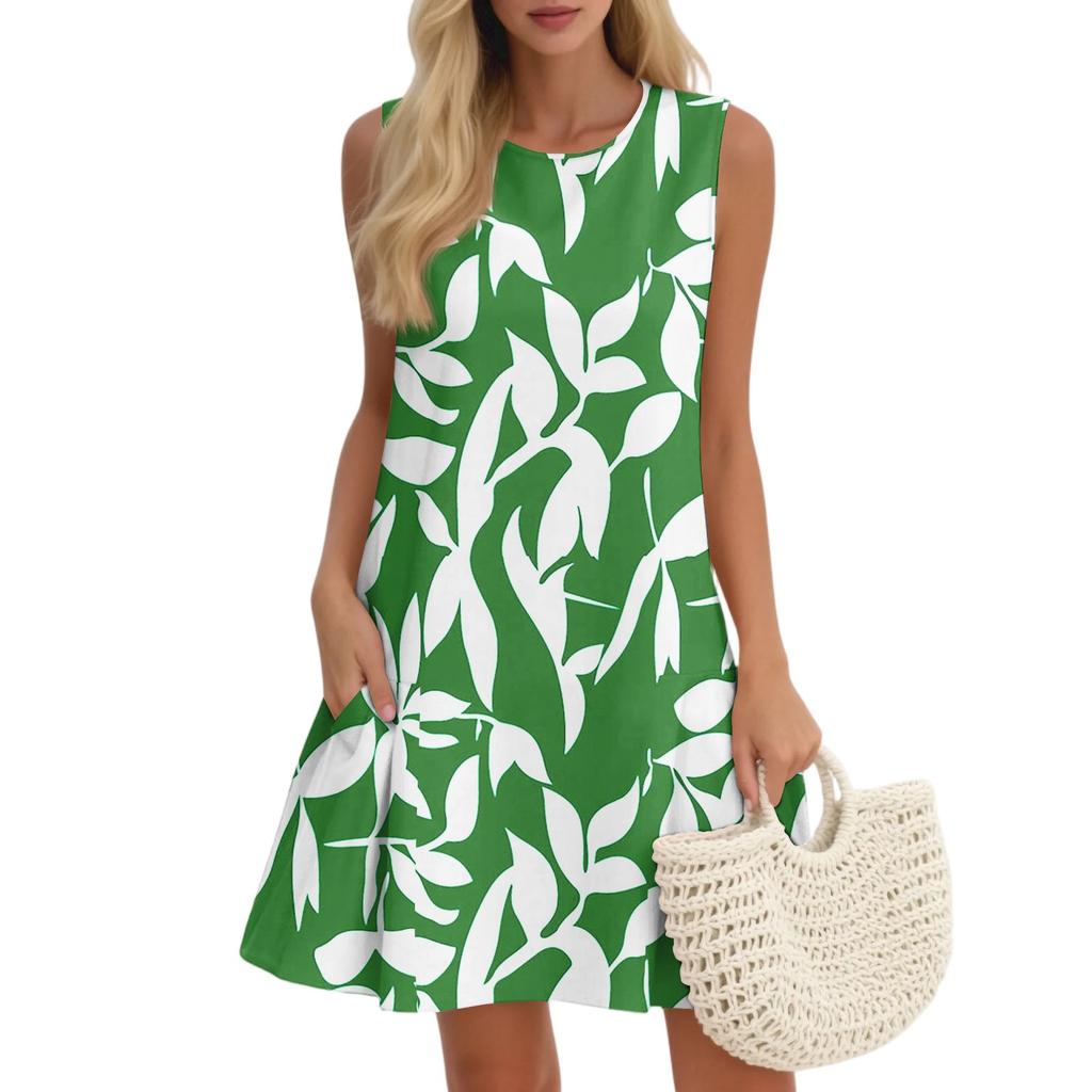 Women's Casual Fashion Breathable Round Neck Vest Floral Holiday Dress With Pockets