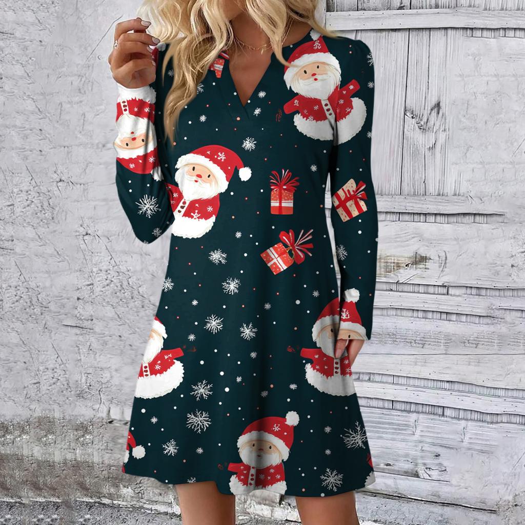 Women's Christmas Printed Dress Loose V-neck Casual Long Sleeved Dress