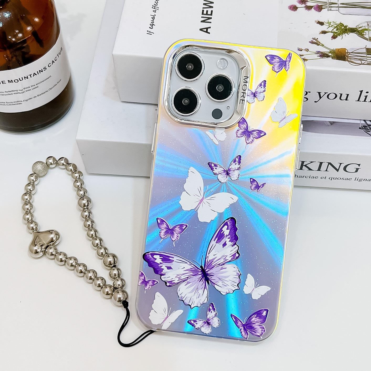 

Electroplated Laser Butterfly for IPhone16e Mobile Phone Case for Apple 15promax with Pearl Bracelet 14 For iPhone13Promax