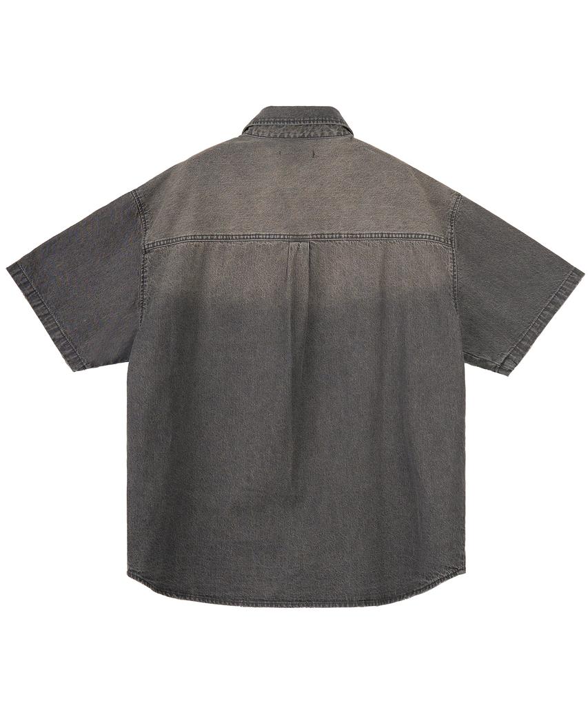 EXCONTAINER Damaged Washed Denim Half Shirt (Fade Black)