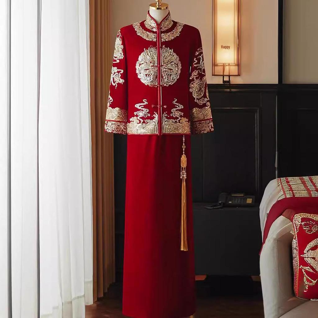 Herren 2024 Xiuhe Samt Hochzeitsanzug: Chinesisches Bräutigam Drachen & Phönix Gewand, Übergröße verfügbar