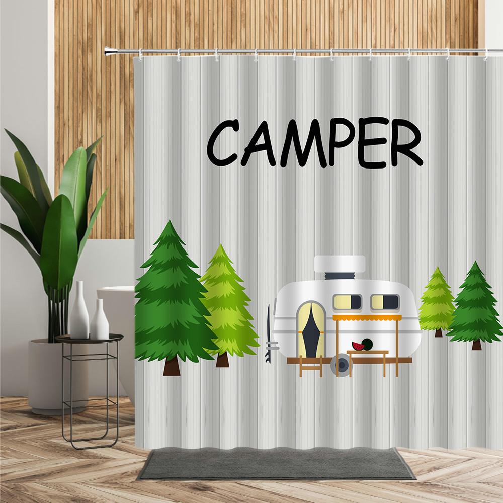 Forest Camping Poster Shower Curtain Camper Car Woods Bathroom Bath Decors Outdoor Landscape Backdrop Cloth 3D Room Curtains Set