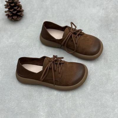 Genuine Leather Women's Shoes Retro Round Toe Soft Soled Lace Up Versatile Shoes