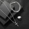 Vintage-Inspired Titanium Steel 3-Piece Set, Cross Necklace + Cuban Bracelet + Totem Ring, Punk Style Men's Accessories