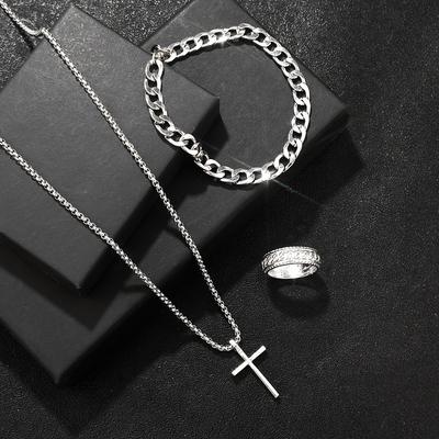 Vintage-Inspired Titanium Steel 3-Piece Set, Cross Necklace + Cuban Bracelet + Totem Ring, Punk Style Men's Accessories
