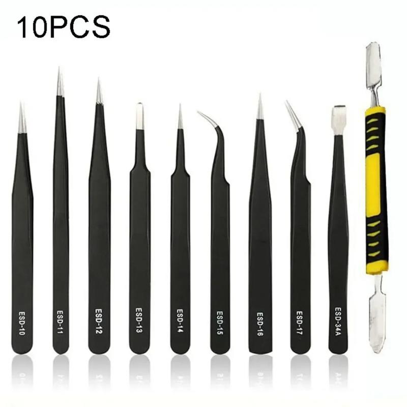 10PCS Stainless Steel Precision Antistatic Electrostatic Tweezers Set Maintenance Tools Professional Electronic Tweezers