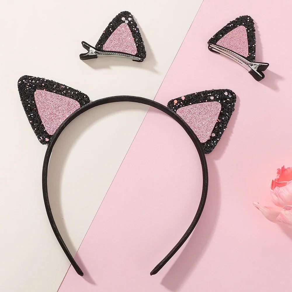 

3 шт./набор Милая повязка на голову с кошачьими ушками из двусторонних пайеток для девочек Прекрасная аниме заколка для волос Мультяшный головной убор Косплей аксессуары для волос
