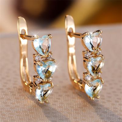 Luxe Hartvormig Aqua Blauw CZ Zirkoon Clipoorbellen Dames CZ Druppeloorbellen Bruid Bruiloft Trendy Sieraden Gouden Kleur Sieraden