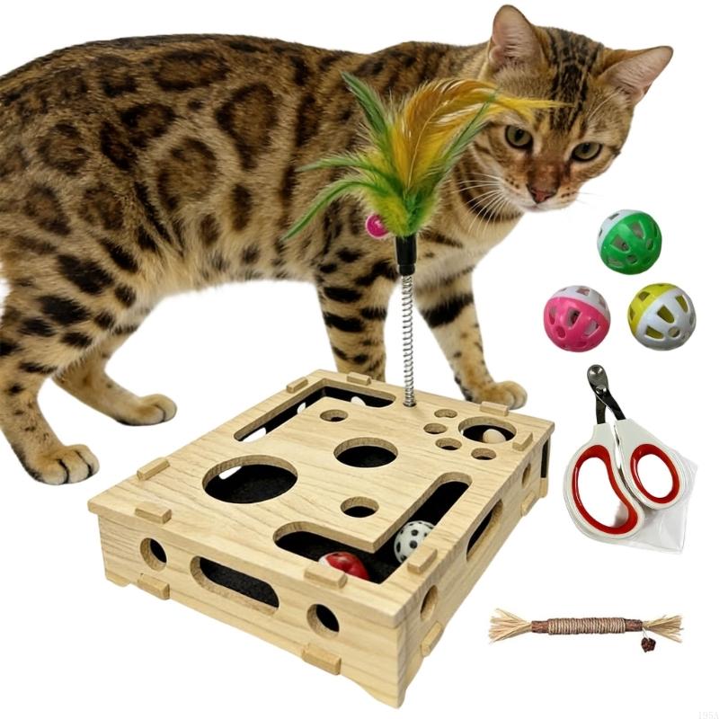 

Wooden Interactive Scratch Puzzle Cats Enrichment Toy with 3 Bells Ball for Exploration Scratching Playful Entertainmen
