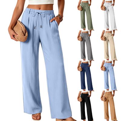 Women's Color Loose Fit Wide Leg Pants with Pockets, Elastic Waist Drawstring Casual Trousers