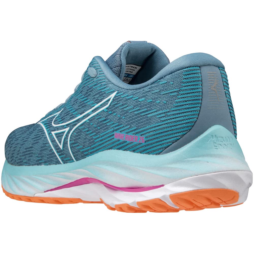 Mizuno Wave Rider 26 Running Shoes, Women's, Lightweight, Resilient, for Jogging, Marathons, Training, and Sports, Blue/White/Orange, Size 25.0 cm, 2E
