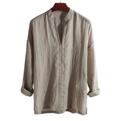 Fashion Solid Color Top Summer Shirt  Stand Collar Men Linen Blouse for Holiday