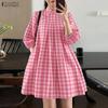 ZANZEA Women Casual Stand Collar 3/4 Sleeve Grid Print A-line Dress
