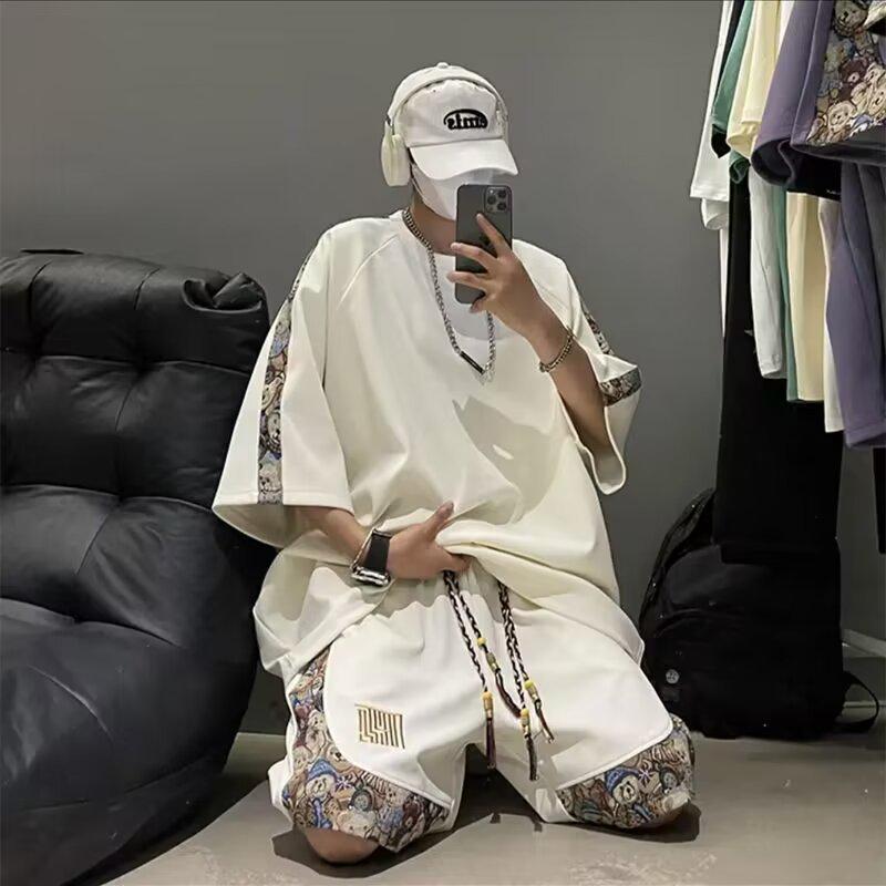 

Мужской летний костюм-двойка в китайском стиле - свободная футболка с коротким рукавом и шорты с узором сращивания для спорта и отдыха XXL