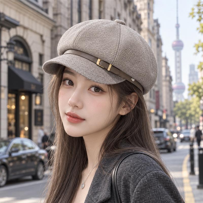 New solid color woolen octagonal hat children autumn and winter British retro fashion newsboy hat literary style cap
