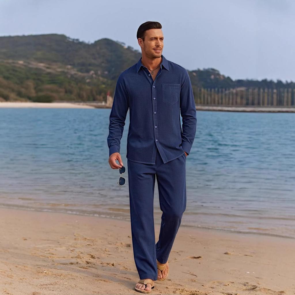 Men Casual Breathable Long Sleeve Shirt Long Pants Two Piece Linen Beach Set