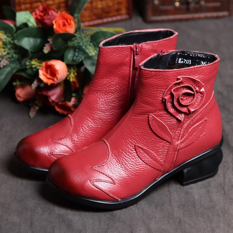New Fashion Women Genuine Leather Boots Handmade Vintage Flower Ankle Boots Woman Winter Shoes 40 красный