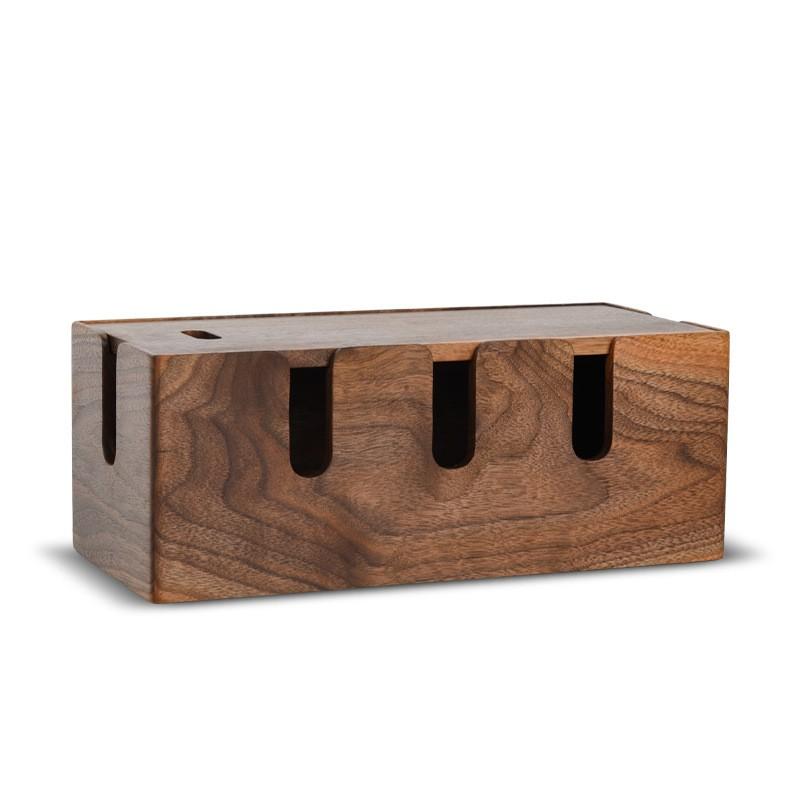Wooden Cable Organizer Box Power Strip Charging Cables Desktop Cord Management Solution Walnut Acacia Finish