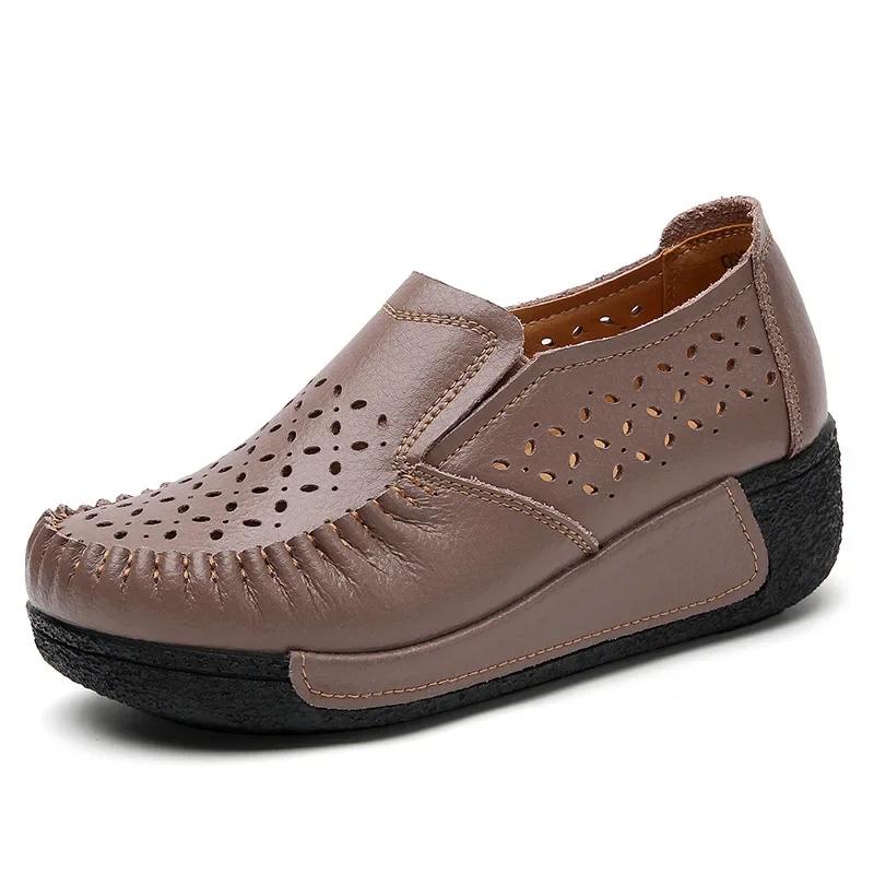 Fashion Spring and Summer Women Shoes Slip on Genuine Leather Sneaker Fashion Thick-soled Rocking Shoes Platform Wedge Loafers for Women