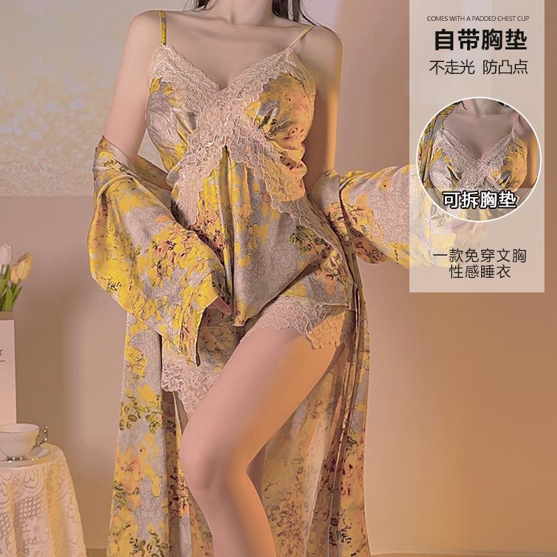 Women's Satin Lace Deep V Padded Cami Top Shorts with Robe Lounge Set