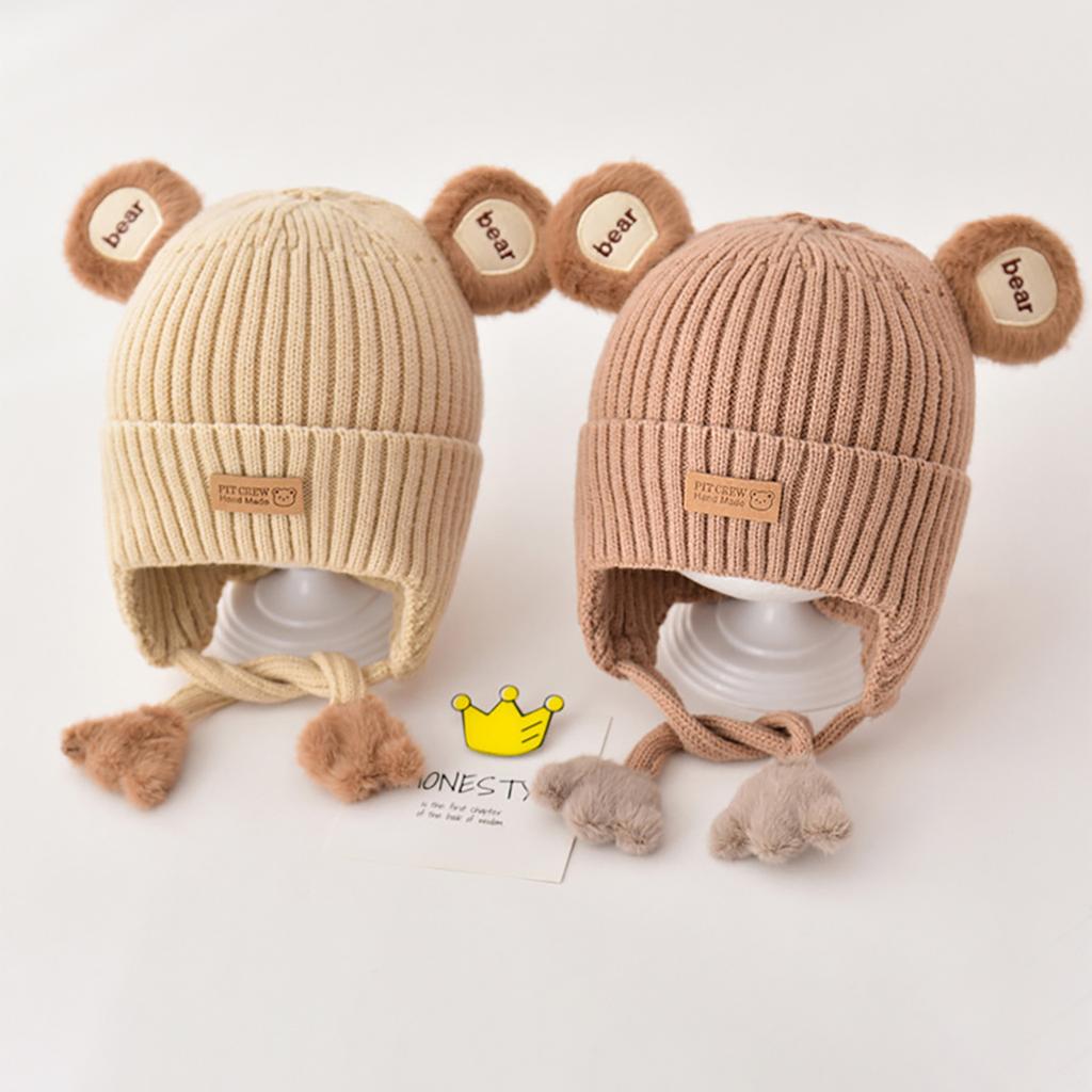 Winter Ear Protection Cap Warm hicken Knitted Cute Bear  Kids Anti-cold Cotton Lining Lacing Infant Toddler Beanie Cap