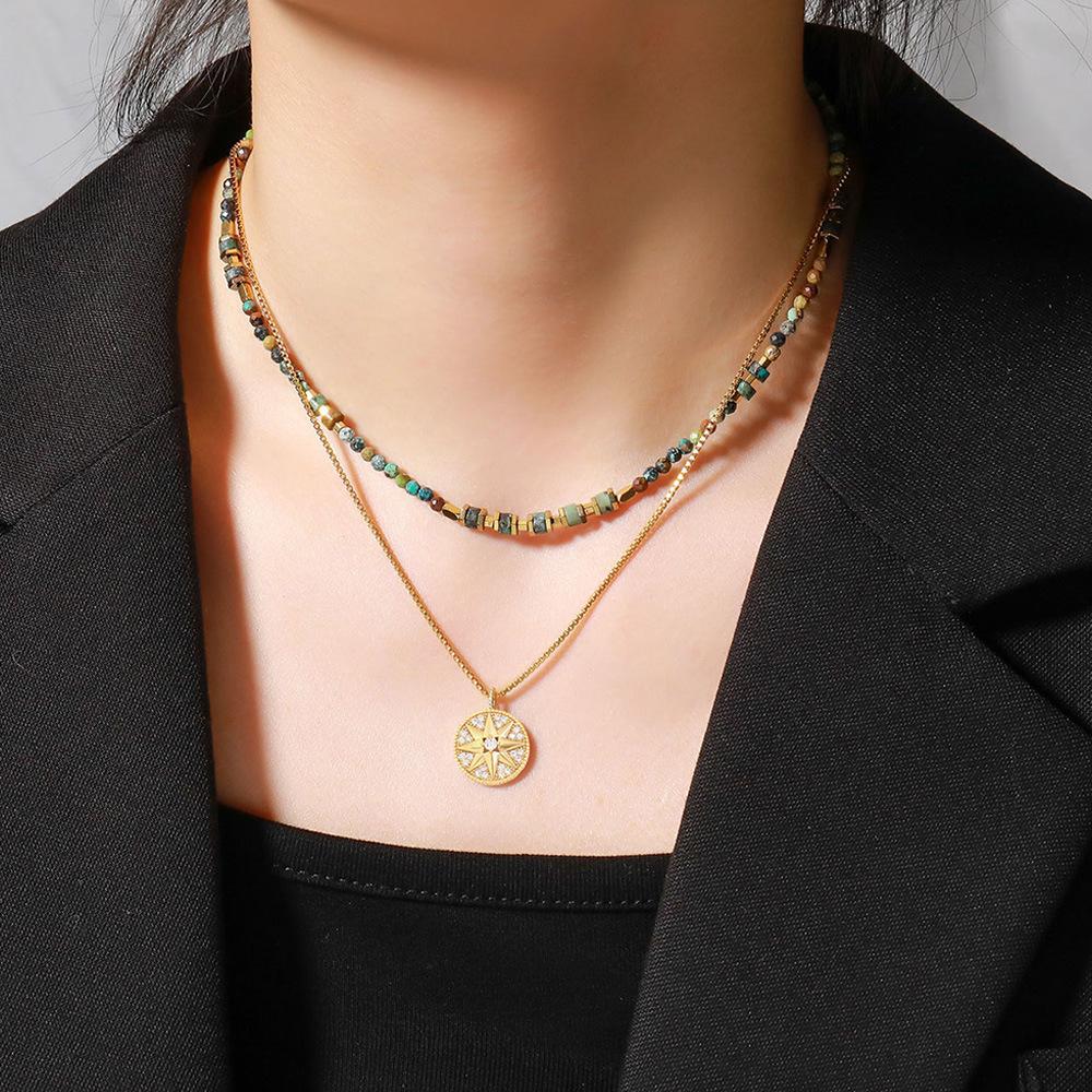 GEMCHIC Women's Vintage Layered Beaded Necklace with Geometric Pendant, Handmade Natural Stone Choker Set for Daily Wear