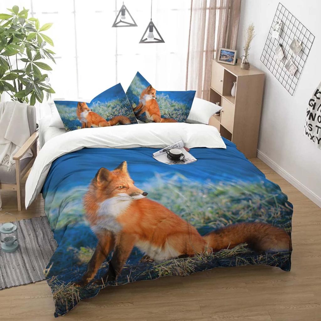 Girls Cartoon Fox Duvet Cover Set Cute Fox Bedding Set Kawaii Animals Comforter Cover Botanical Floral Bedspread Cover Full Size