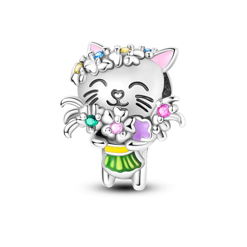 925 Silver Color Pink Rabbit Sheep Cat Dog Animal Charms Beads Fit 3mm 925 Bracelets Fine DIY Birthday Jewelry Make