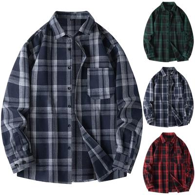 Men's Spring Plaid Fashion Loose Drop Shoulder Large Size Stand Collar Long Sleeve Shirt