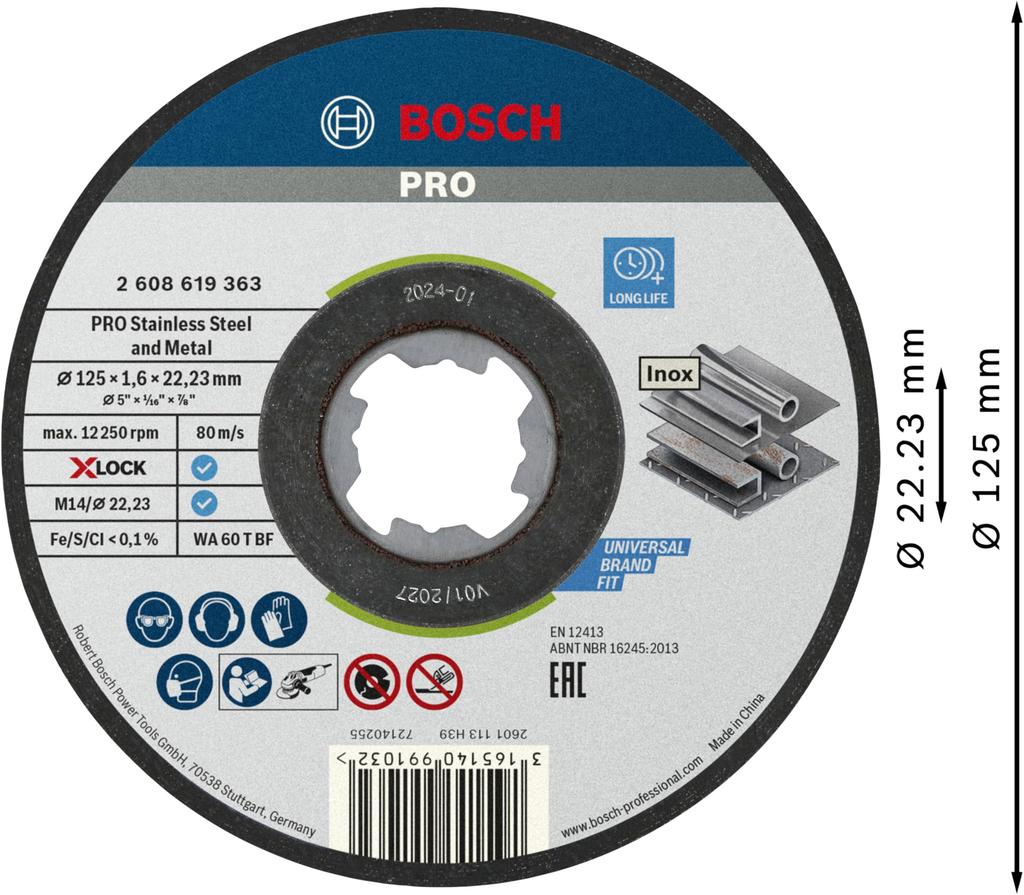 Bosch Cutting Wheel Stainless Steel Pack of 10 2608619364 X-LOCK 125x1.6mm