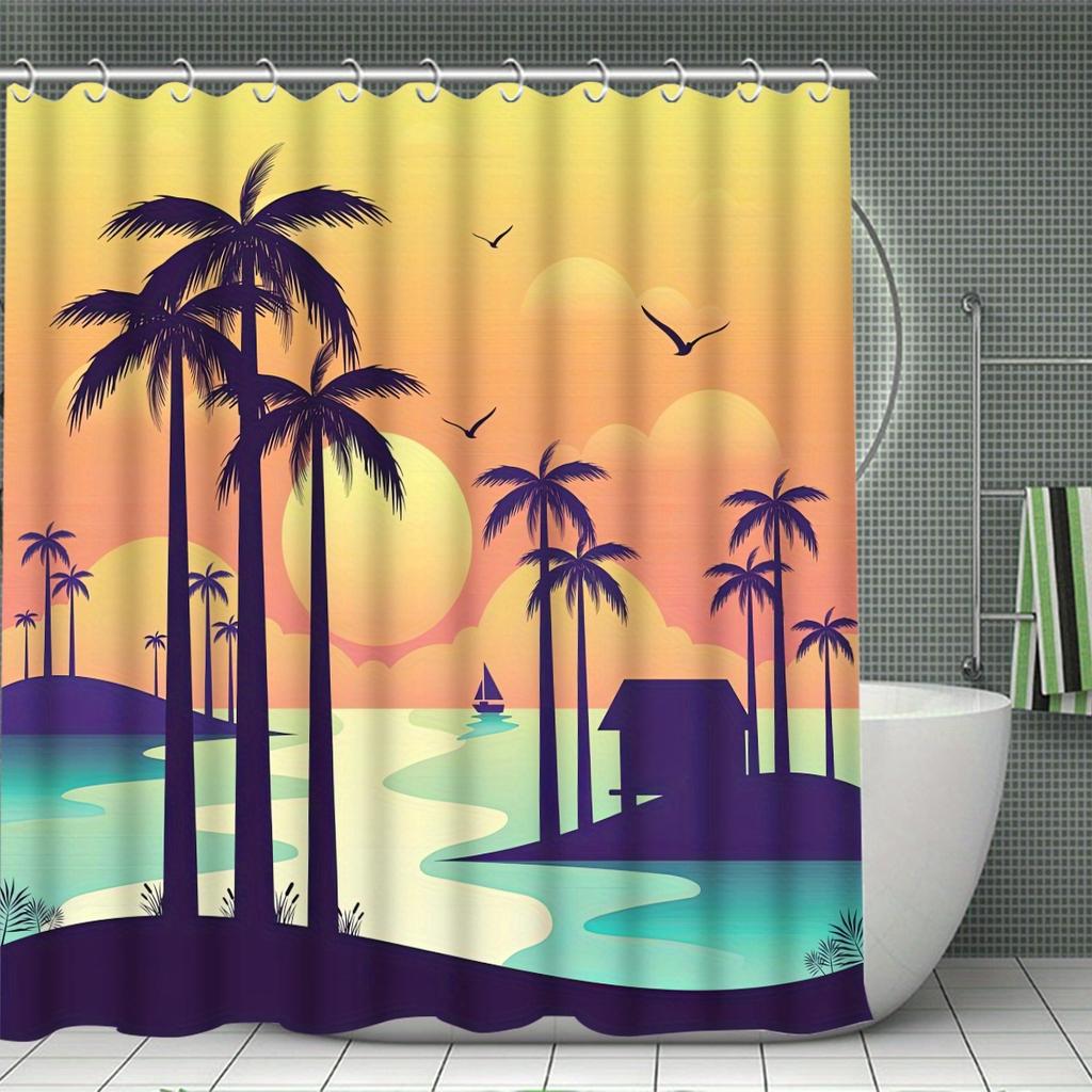 Coconut Tree 4pcs Shower Curtain Bathtub Curtain, Waterproof Bathroom Partition Curtain With 12 Hooks, Non-slip Bath Blanket