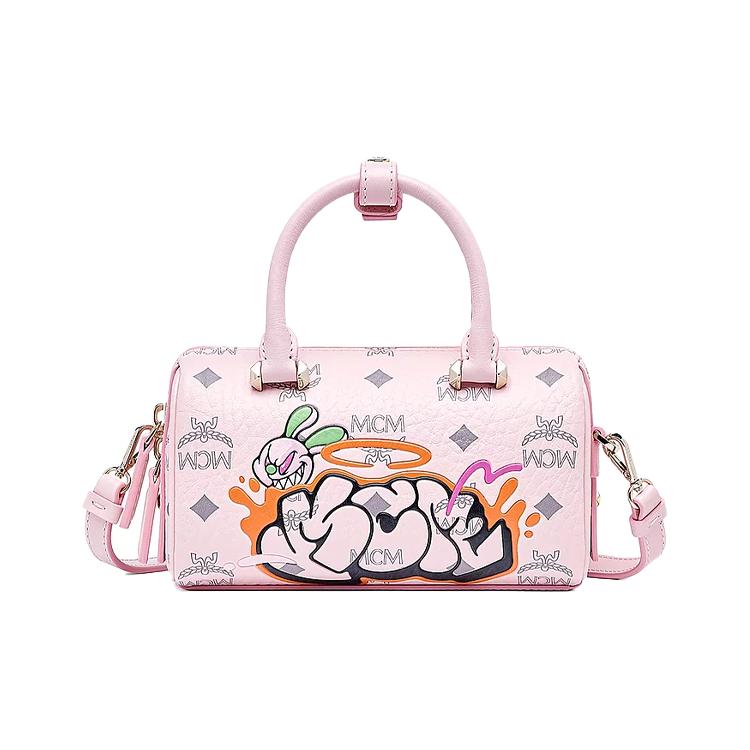 New MCM SAMBYPEN Collaboration Visetos Cow Leather Boston Bag, Shoulder Bag, Crossbody Bag Mini Women's Cherry Blossom Pink MWBBASP01QH001