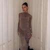 Shirring Women Classic Long Dress Autumn New Solid Long Sleeve High Collar Body-Shaping Vestidos Mujer Concise Trend Robe