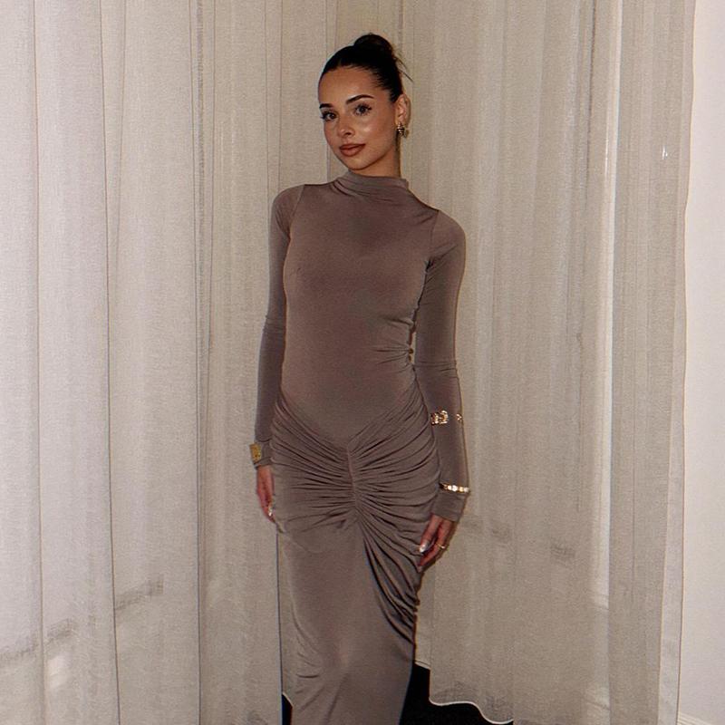 Shirring Women Classic Long Dress Autumn New Solid Long Sleeve High Collar Body-Shaping Vestidos Mujer Concise Trend Robe
