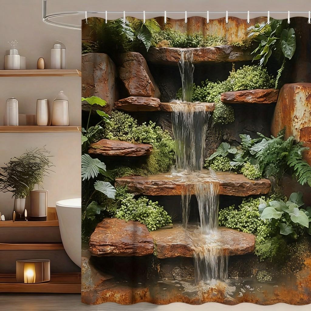 Lush Tropical Rainforest Stream with Giant Monstera Leaves Waterproof Shower Curtain for Bathroom Decor