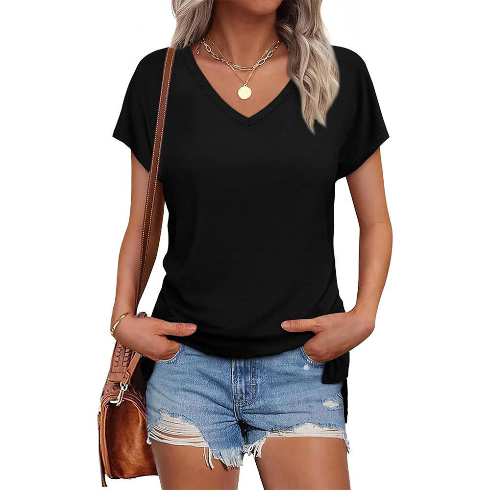 Popular summer European and American new women's clothing solid color V-neck short-sleeved split-ended women's T-shirt