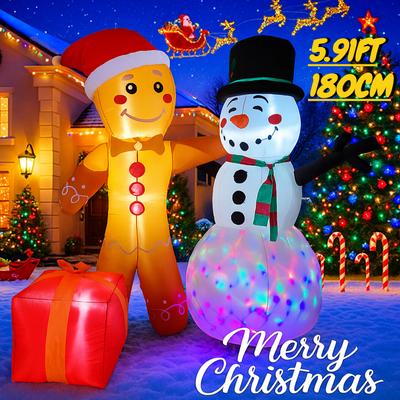 5.91FT Inflatable Gingerbread Man Snowman Set Gift Toy Xmas Yard Decoration Festive Gift LED Lit Christmas Supplie Home Ornament
