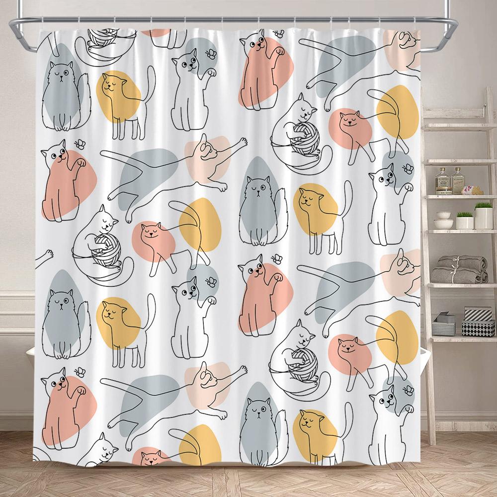 Funny Cats Shower Curtains Cute Cartoon Animal Pet Floral Bath Curtain Set Polyester Fabric Black Bathroom Decoration with Hooks