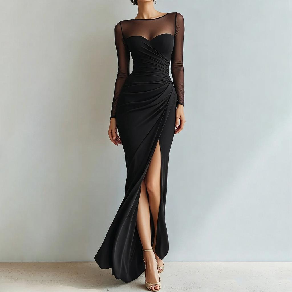 Women's Sheer Mesh Long Sleeve Pleated High Slit Bodycon Evening Dress for Wedding Guest Cocktail Party