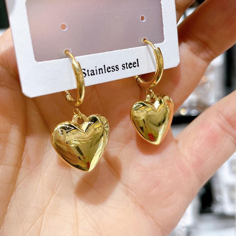 Stainless Steel Gold Heart Drop Hoop Earrings